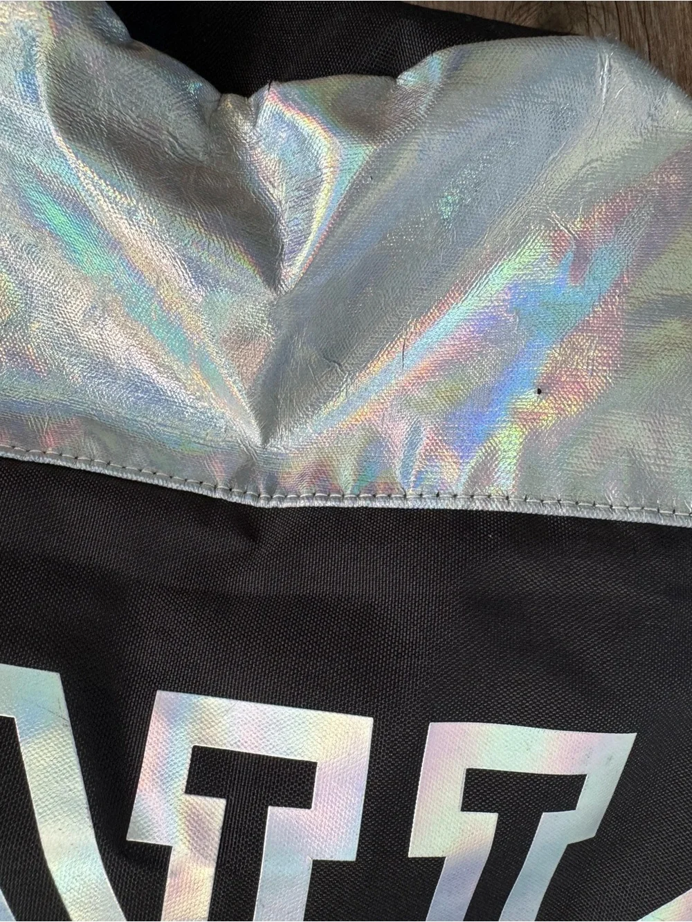 PINK Victoria's Secret Black Drawstring Backpack with Holographic Accent